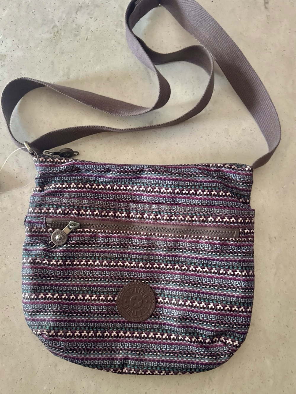 Kipling Crossbody Bag Purple Tribal Print Nylon Adjustable Strap Medium